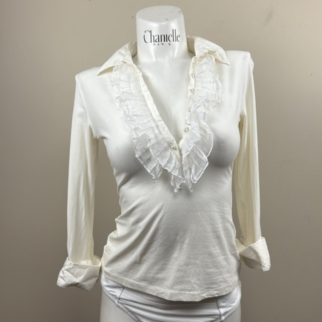 Anne Fontaine France White V Neck Ruffle Details And Pearl Buttons Blouse Shirt